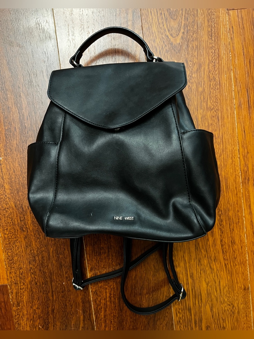 Nine West Black Faux Leather Minimalist Backpack Purse w/ inside snap closure